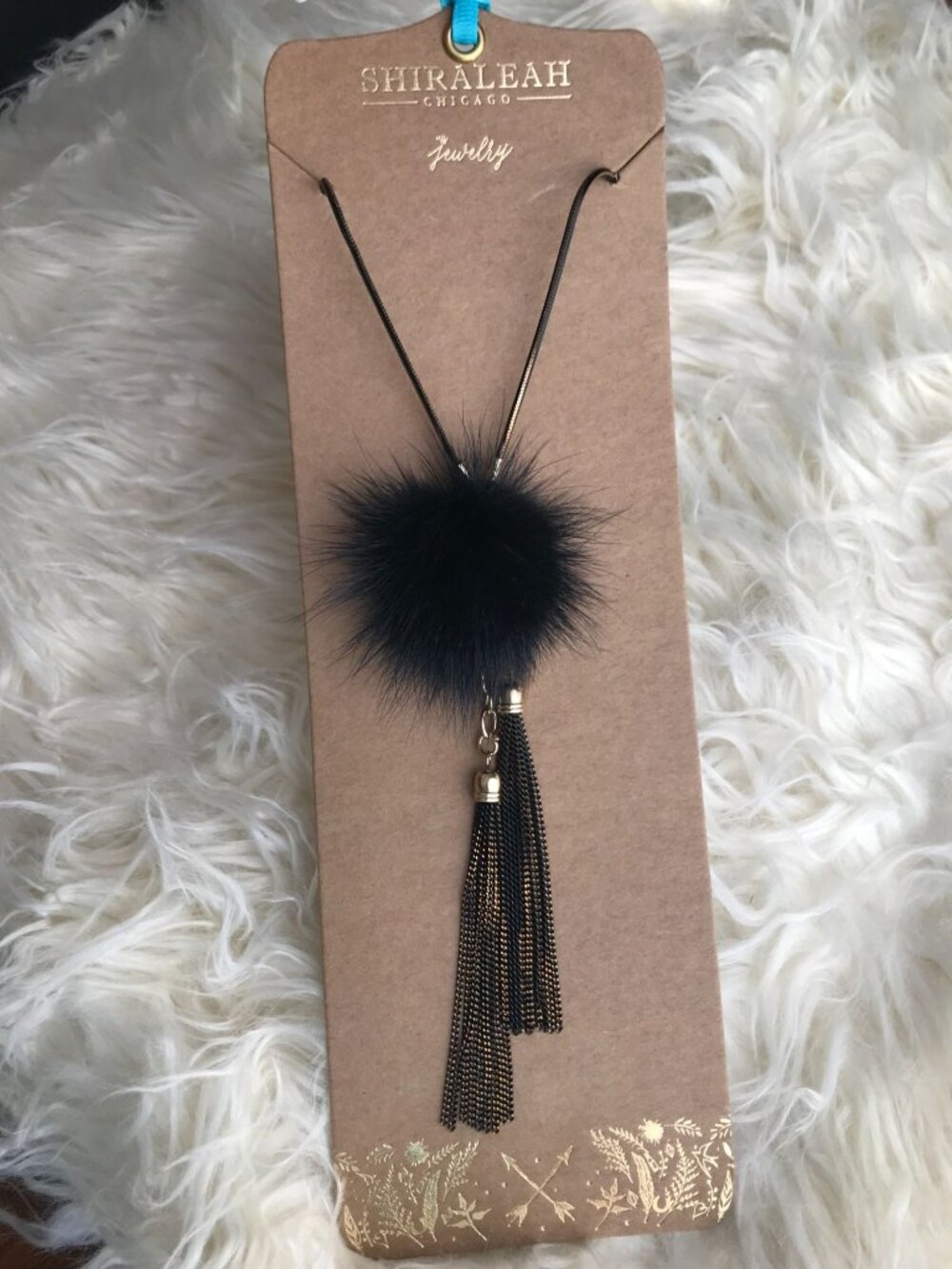NWT Anthropologie Jewelry Whimsigoth Necklace Black Genuine Mink Pompom Boho